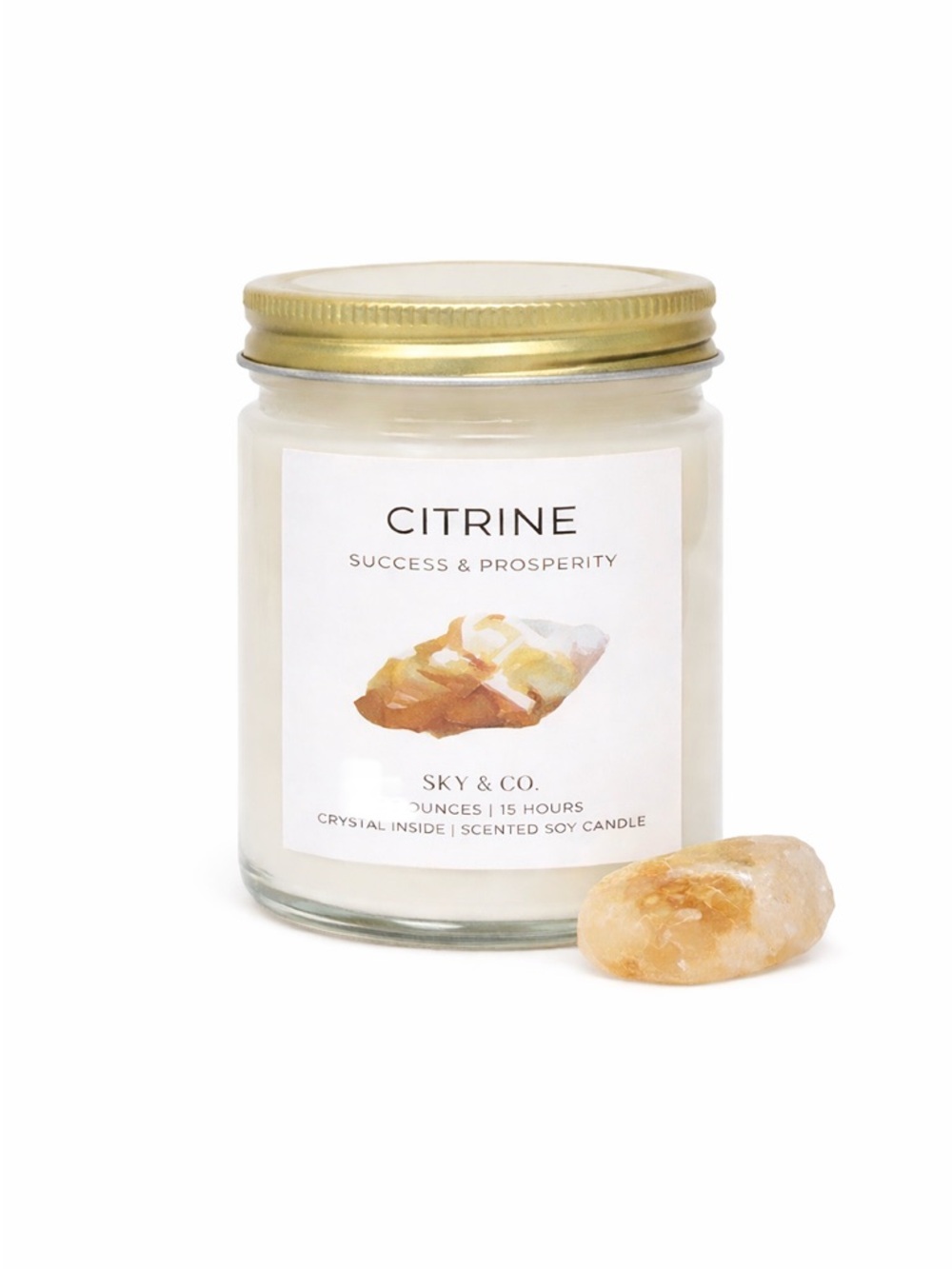 Sky & Co Citrine Crystal Soy Candle Success Prosperity 3.5 oz Crystal Inside